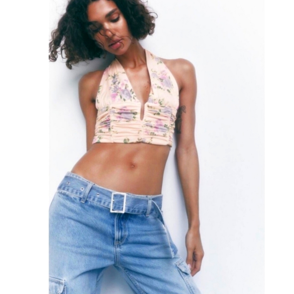 Zara NEW Halter Cropped Top Pink Purple Floral Pattern Zipper Side Size Small